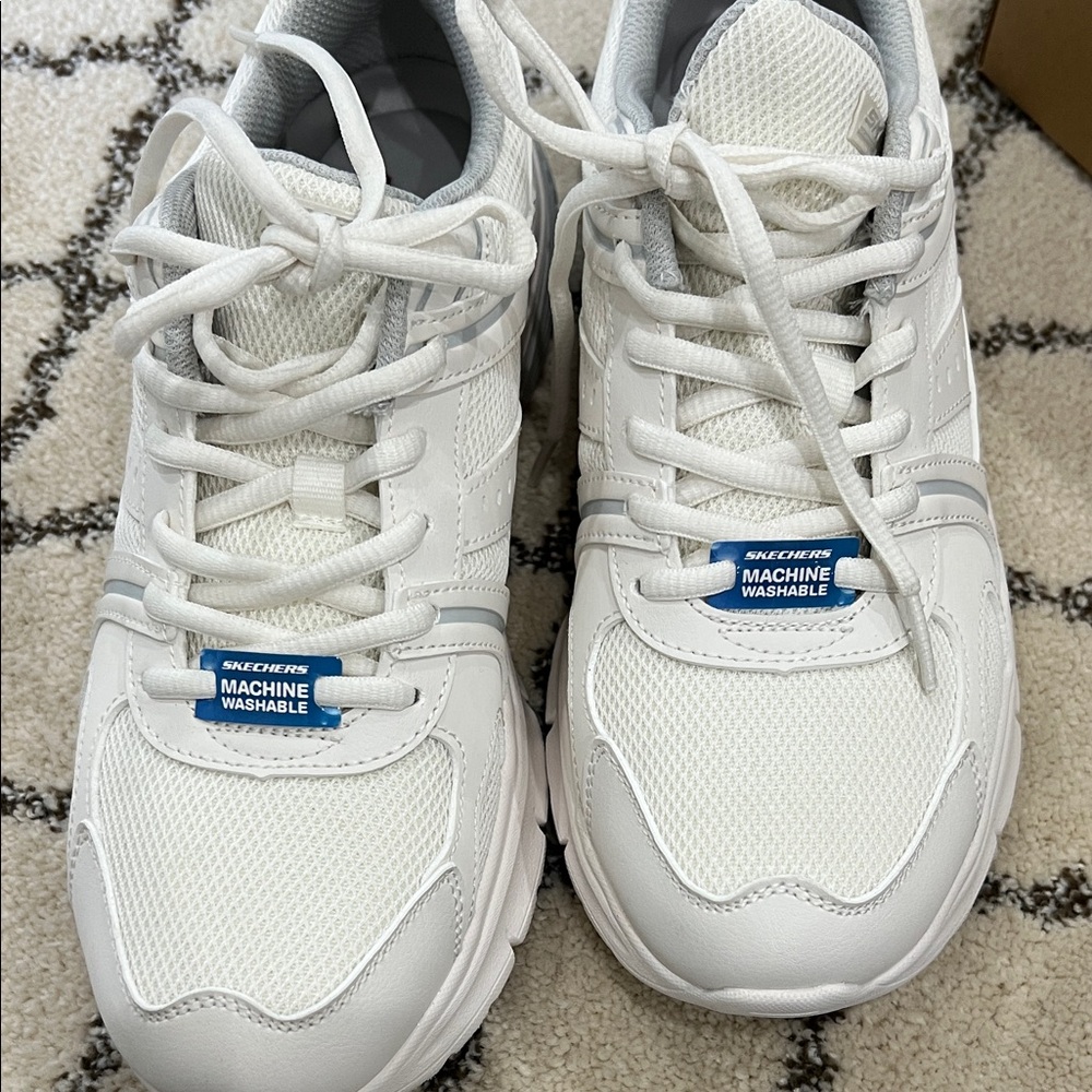 Skechers White and Light Gray Mesh Athletic Sneakers